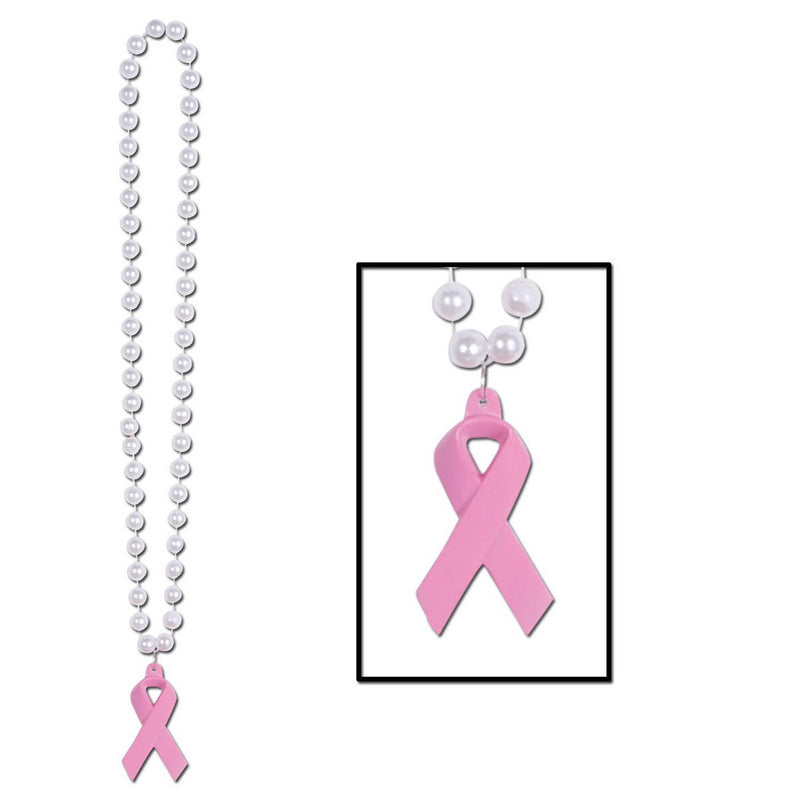Beads w/Pink Ribbon Medallion – 40" – (1/Card) by Beistle Beads with Medallion