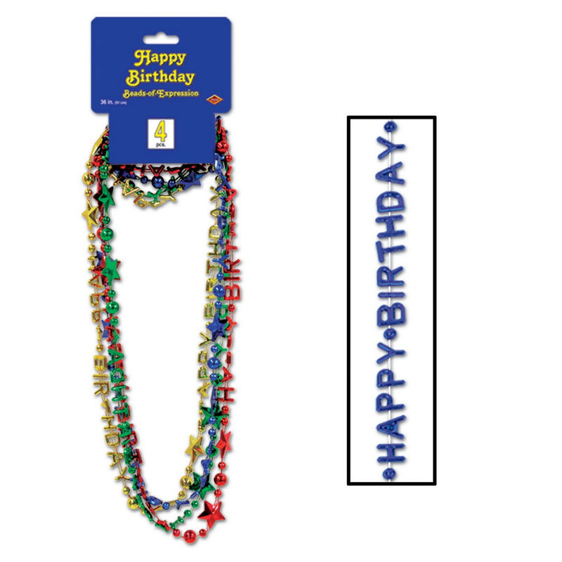 Happy Birthday Beads-Of-Expression – 36" – (4/Card) by Beistle Novelty Beads