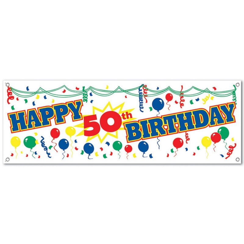 Happy "50th" Birthday Sign Banner – 5' x 21" – (1/Pkg) by Beistle for Age-specific birthday All-Weather