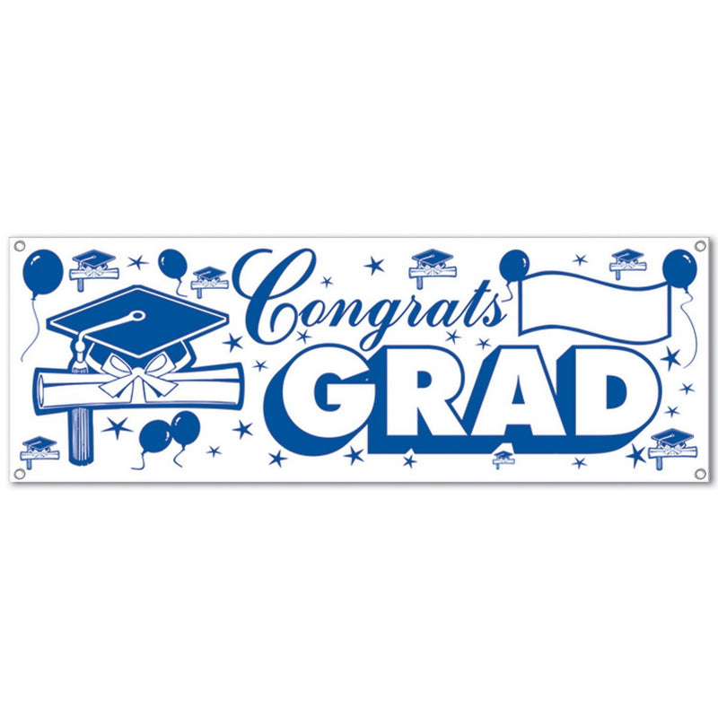 Congrats Grad Sign Banner – 5' x 21" – (1/Pkg) by Beistle for Graduation All-Weather