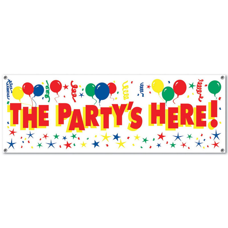 The Party's Here! Sign Banner – 5' x 21" – (1/Pkg) by Beistle for General occasion All-Weather
