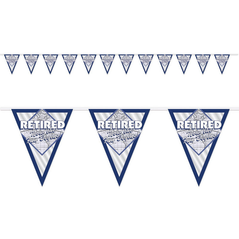 Retired Now The Fun Begins! Pennant Bnr – 11" x 12' – (1/Pkg) by Beistle for Retirement Pennant Banners