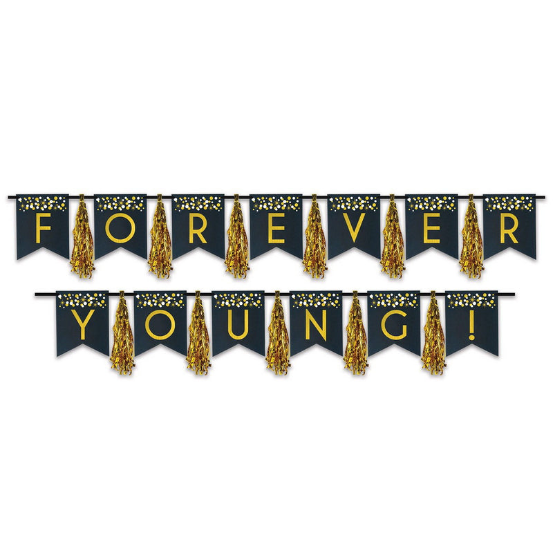 Forever Young! Tassel Streamer – 13" x 9' & 13" x 8' – (1/Pkg) by Beistle for Age-specific birthday Streamers