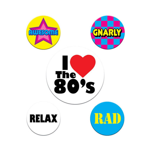 80's Party Buttons – 2-1/3" & 1-1/3" – (5/Card) by Beistle