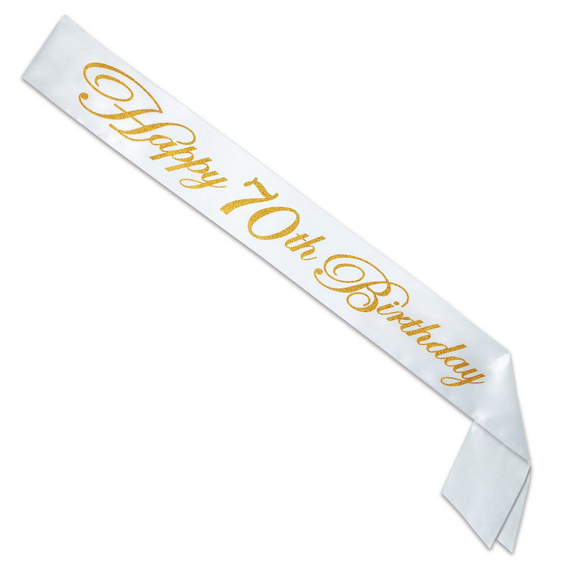 Gltrd Happy "70th" Birthday Satin Sash – 33" x 4" – (1/Pkg) by Beistle for Age-specific birthday Sashes