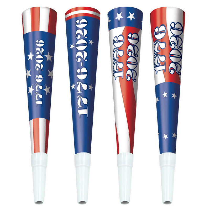Pkgd Semiquincentennial Horns – 9" – (4/Pkg) by Beistle for Patriotic Paper Horns