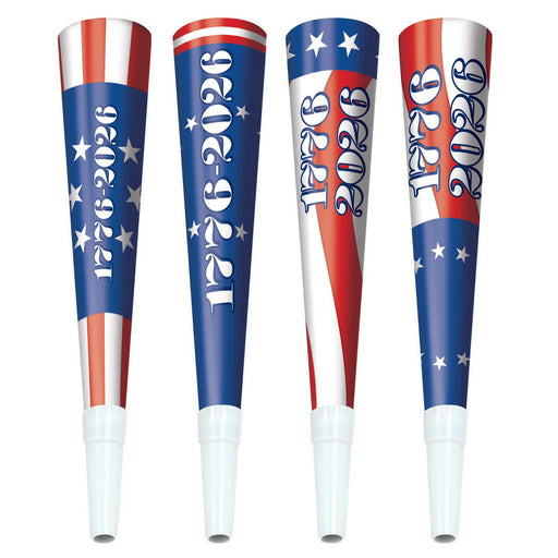 Pkgd Semiquincentennial Horns – 9" – (4/Pkg) by Beistle for Patriotic Paper Horns