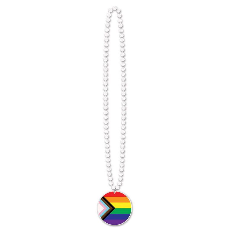 Beads w/Printed Pride Flag Medallion – 33" – (1/Card) by Beistle for Rainbow Beads with Medallion