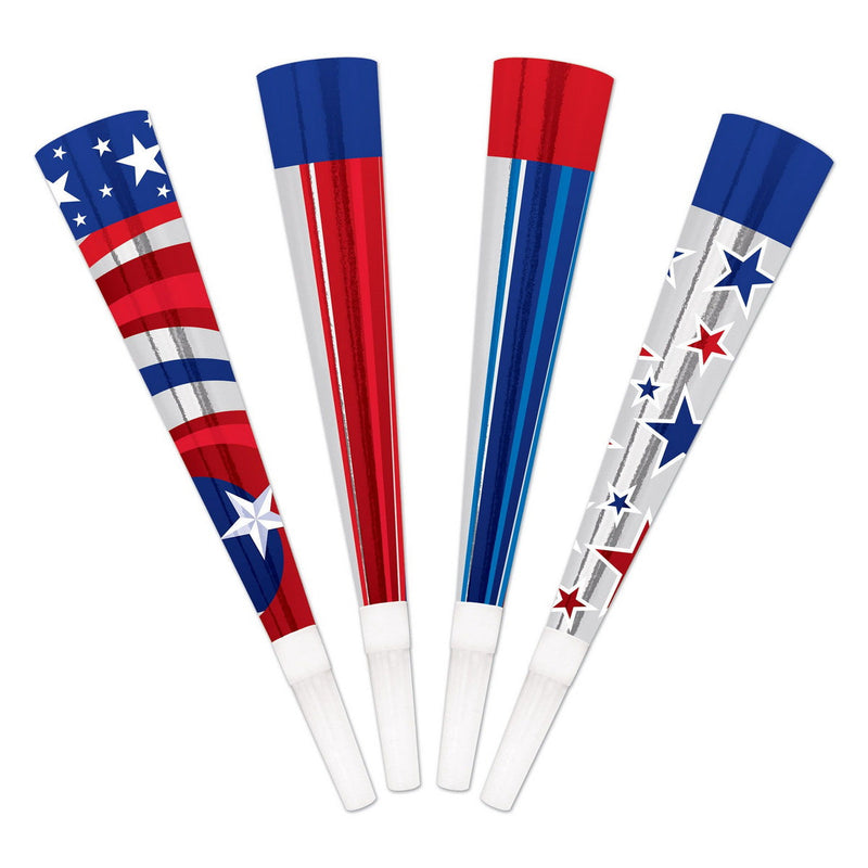 Pkgd Patriotic Foil Horns – 9" – (4/Pkg) by Beistle