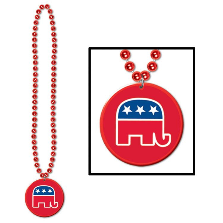Beads w/Republican Medallion – 33" – (1/Card) by Beistle for Patriotic Beads with Medallion
