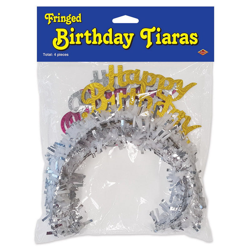 Pkgd Happy Birthday Tiaras w/Fringe – (4/Pkg) by Beistle Fringed