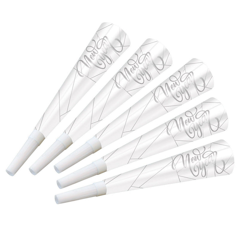White New Year Silver Horns – 9" by Beistle for New Years Foil Horns