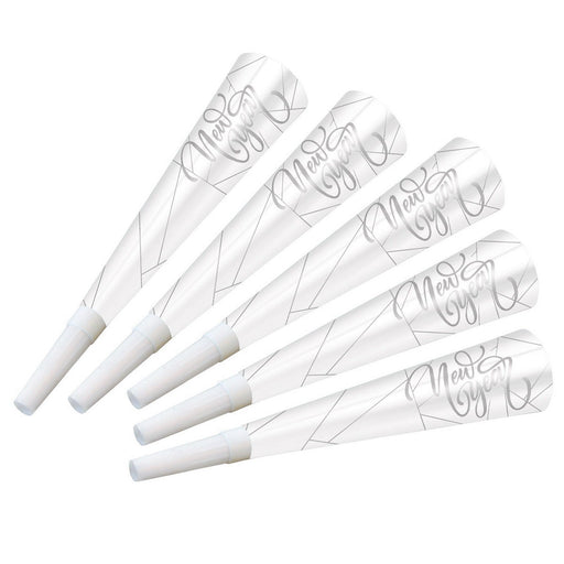 White New Year Silver Horns – 9" by Beistle for New Years Foil Horns