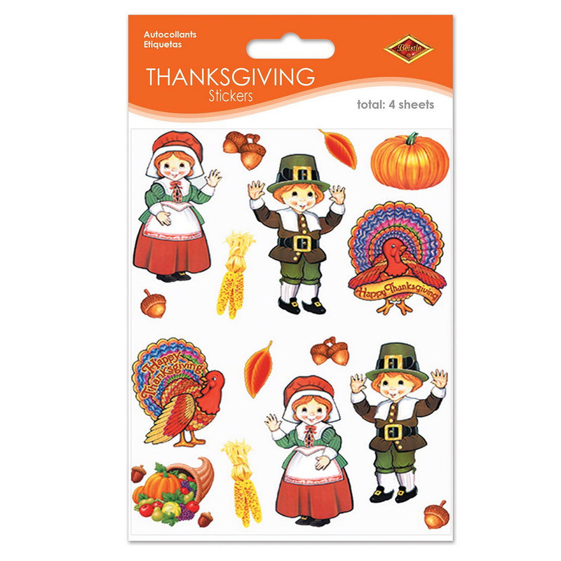 Pilgrim & Turkey Stickers – 4¾" x 7½" – (4 Shs/Pkg) by Beistle for Thanksgiving and fall