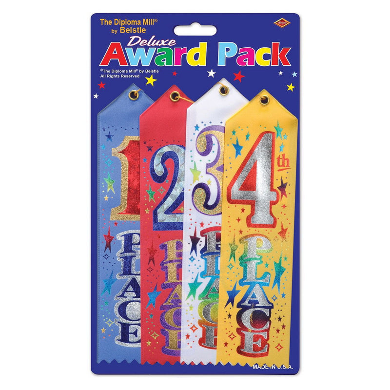 1st/2nd/3rd/4th Place Award Pack Ribbons – 2" x 8" – (4/Pkg) by Beistle for Sports Award Ribbons
