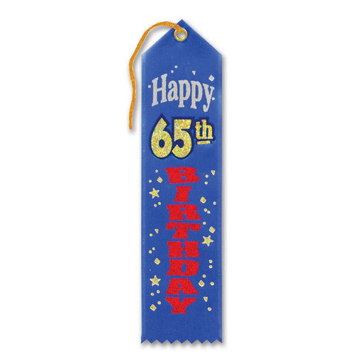 Happy "65th" Birthday Award Ribbon – 2" x 8" by Beistle for Age-specific birthday Award Ribbons