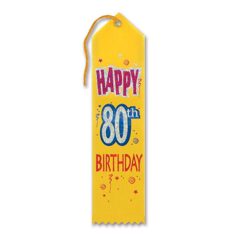 Happy "80th" Birthday Award Ribbon – 2" x 8" by Beistle for Age-specific birthday Award Ribbons