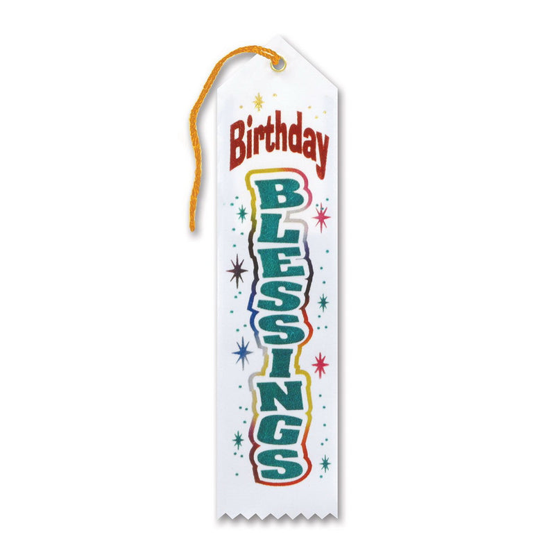 White Birthday Blessings Ribbon – 2" x 8" by Beistle for Religious Award Ribbons