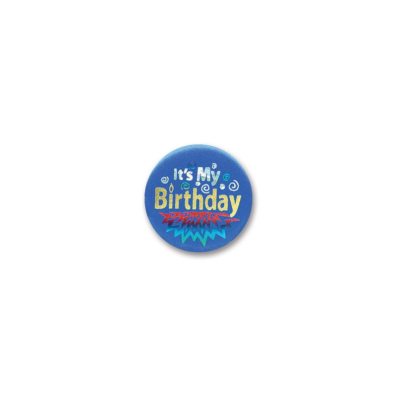 Blue It's My Birthday Satin Button – 2" – (1/Card) by Beistle Satin Buttons