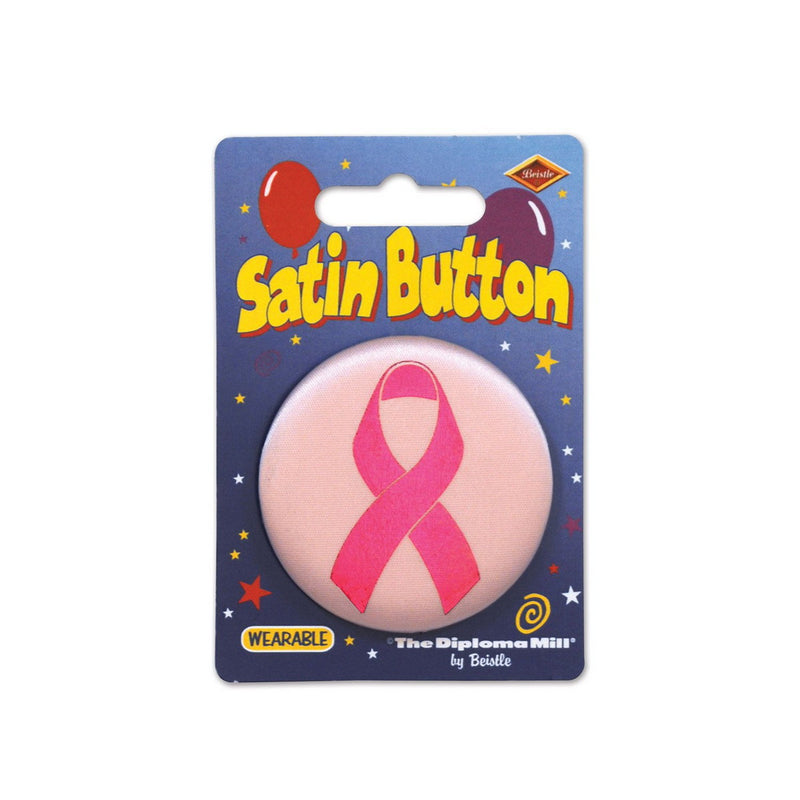 Pink Ribbon Button – 2" – (1/Card) by Beistle Satin Buttons