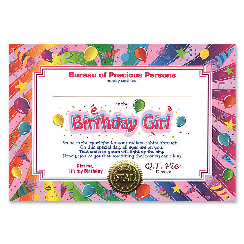 Birthday Girl Certificate – 5" x 7" by Beistle Certificate Greetings