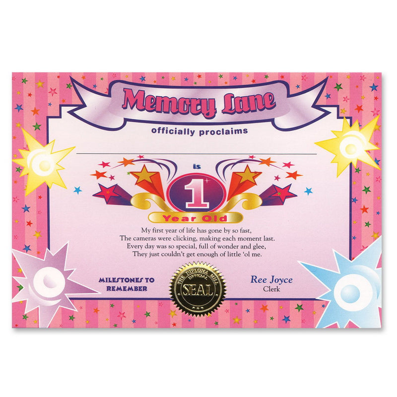1 Year Old (Girl) Certificate – 5" x 7" by Beistle for 1st Birthday Certificate Greetings