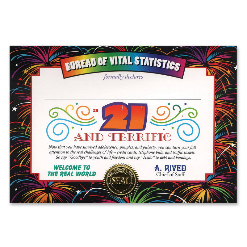 21 & Terrific Certificate – 5" x 7" by Beistle for 21st Birthday Certificate Greetings