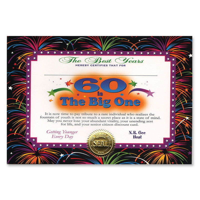 60 Is The Big One Certificate – 5" x 7" by Beistle for Over-The-Hill Certificate Greetings
