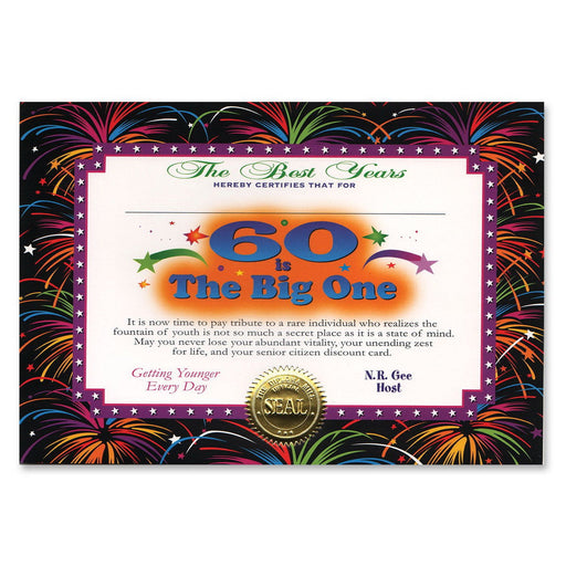 60 Is The Big One Certificate – 5" x 7" by Beistle for Over-The-Hill Certificate Greetings