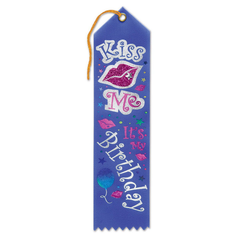 Kiss Me, It's My Birthday Jeweled Ribbon – 2" x 8" by Beistle Award Ribbons