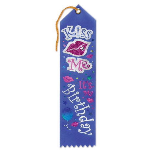 Kiss Me, It's My Birthday Jeweled Ribbon – 2" x 8" by Beistle Award Ribbons
