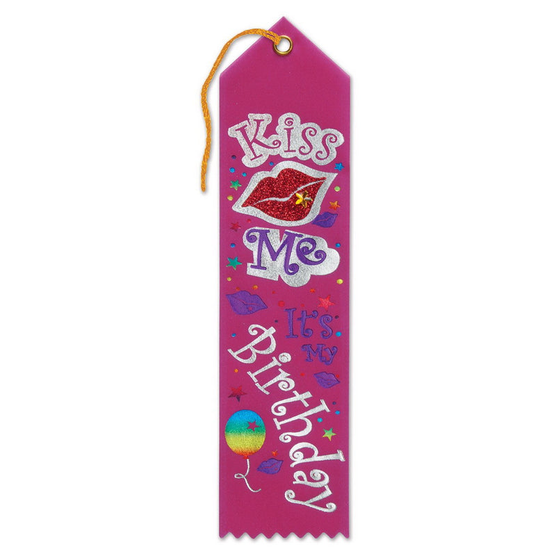 Kiss Me, It's My Birthday Jeweled Ribbon – 2" x 8" by Beistle Award Ribbons