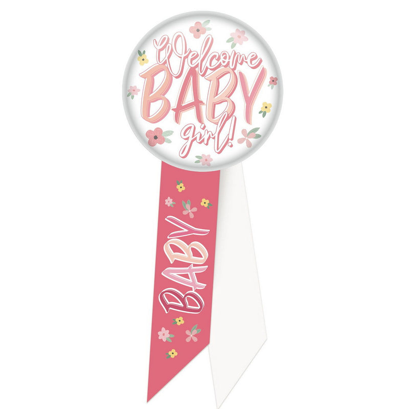 Welcome Baby Girl! Rosette – 2" x 5½" by Beistle for Baby Shower Rosettes