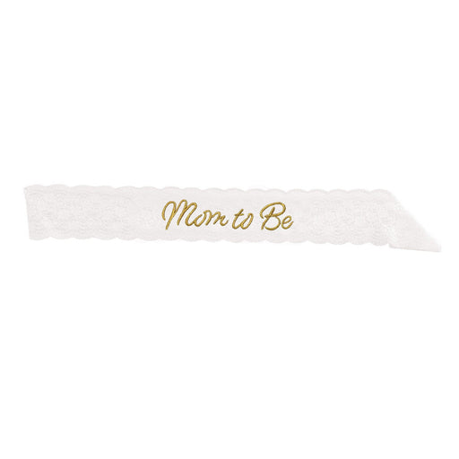 Mom To Be White Lace Sash – 28½" x 4" – (1/Pkg) by Beistle for Baby Shower Sashes