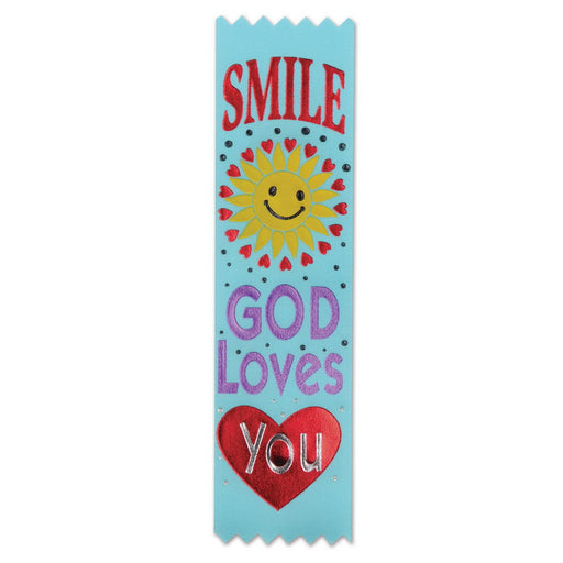 Smile, God Loves You Value Pack Ribbons – 1½" x 6¼" – (10/Pkg) by Beistle for Religious Value Packs