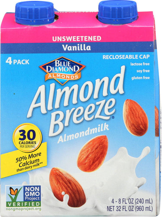 BLUE DIAMOND: Almond Breeze Unsweetened Vanilla Pack of 4, 32 oz - No Brand For Less 