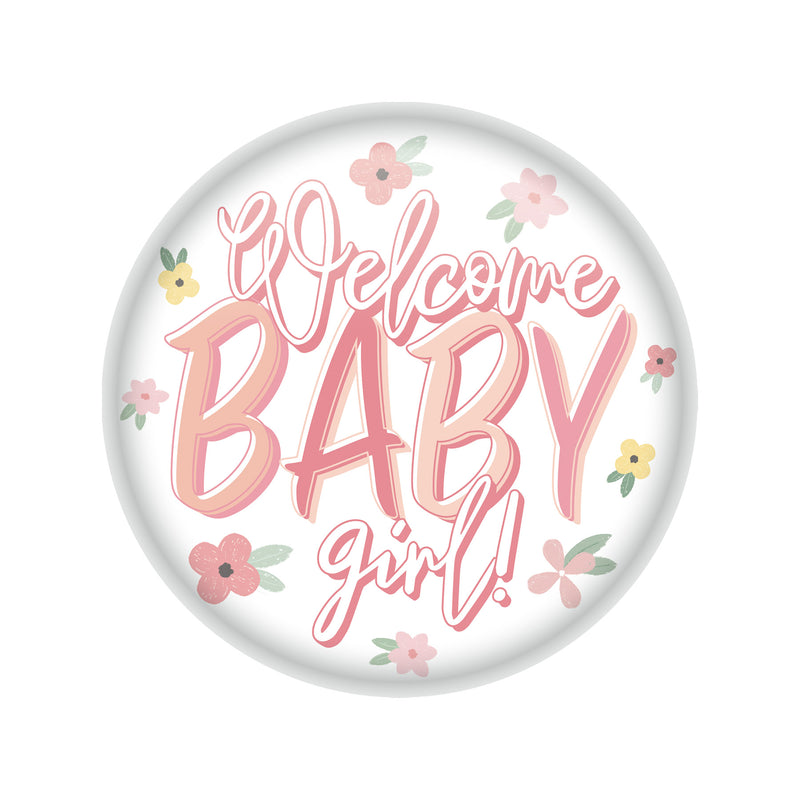 Welcome Baby Girl! Button – 2" – (1/Card) by Beistle for Baby Shower Printed Buttons
