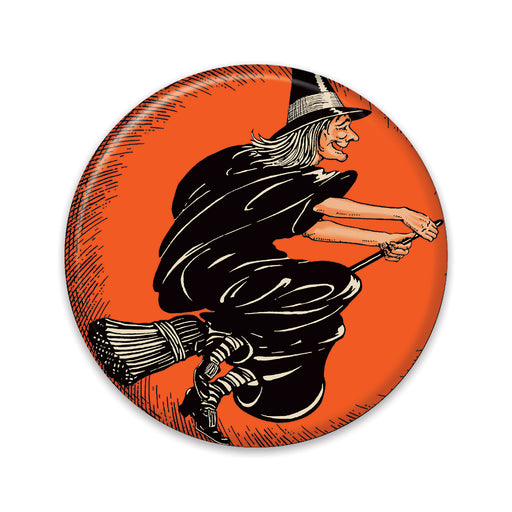 Vintage Halloween Flying Witch Button – 2" – (1/Card) by Beistle for Halloween-Vintage Printed Buttons