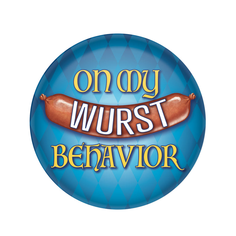 On My Wurst Behavior Button – 2" – (1/Card) by Beistle for Oktoberfest Printed Buttons