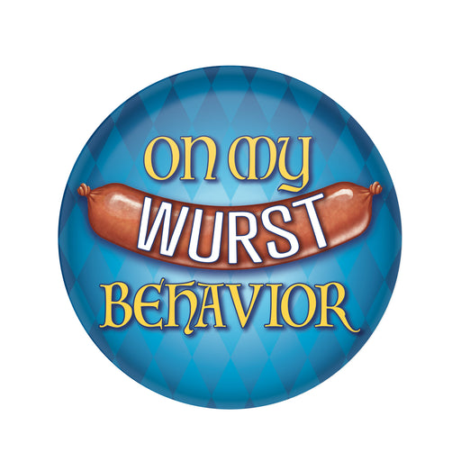 On My Wurst Behavior Button – 2" – (1/Card) by Beistle for Oktoberfest Printed Buttons