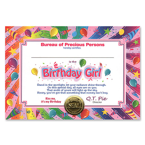 Birthday Girl Certificate – 5" x 7" by Beistle for Birthday Certificate Greetings