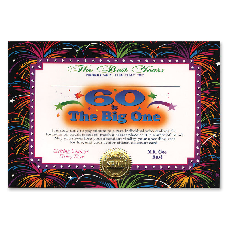60 Is The Big One Certificate – 5" x 7" by Beistle for Over-The-Hill Certificate Greetings