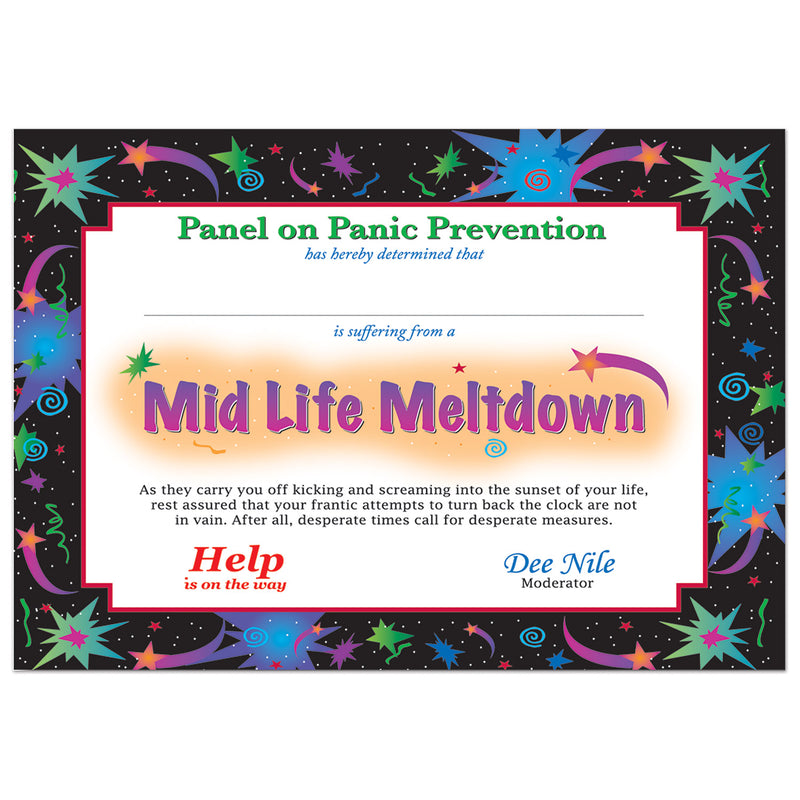 Midlife Meltdown Certificate – 5" x 7" by Beistle for Over-The-Hill Certificate Greetings