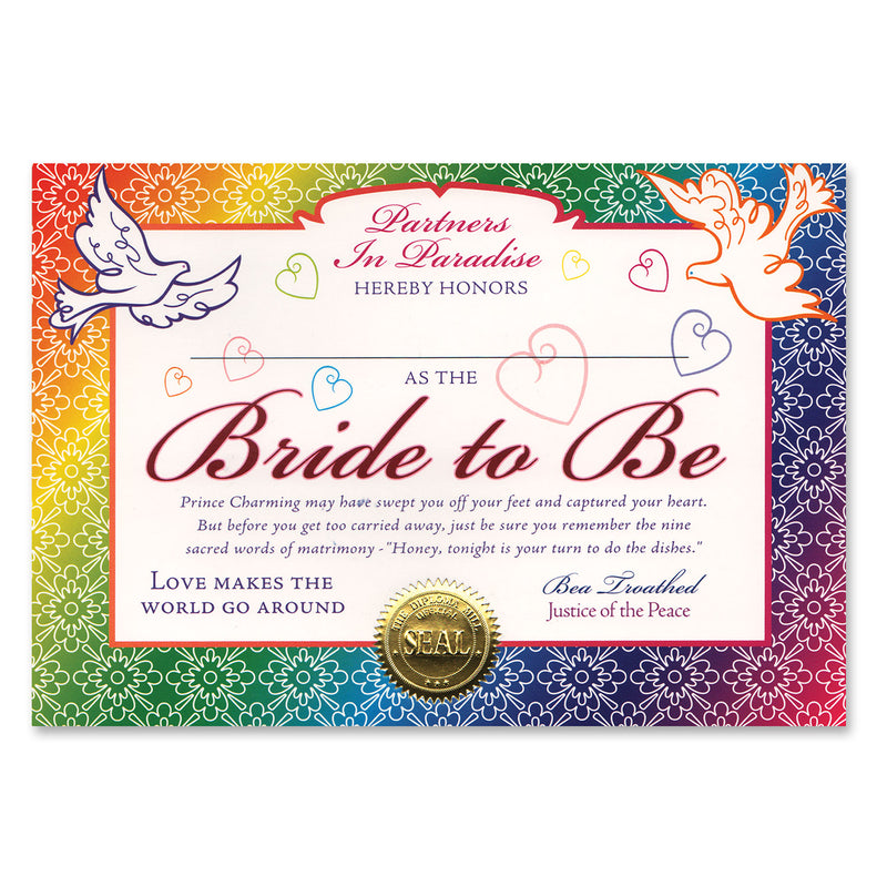 Bride To Be Certificate – 5" x 7" by Beistle for Wedding Certificate Greetings