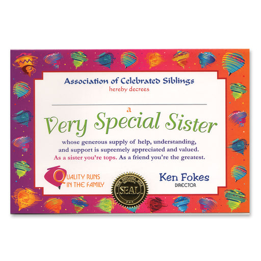 Very Special Sister Certificate – 5" x 7" by Beistle for General Occasion Certificate Greetings