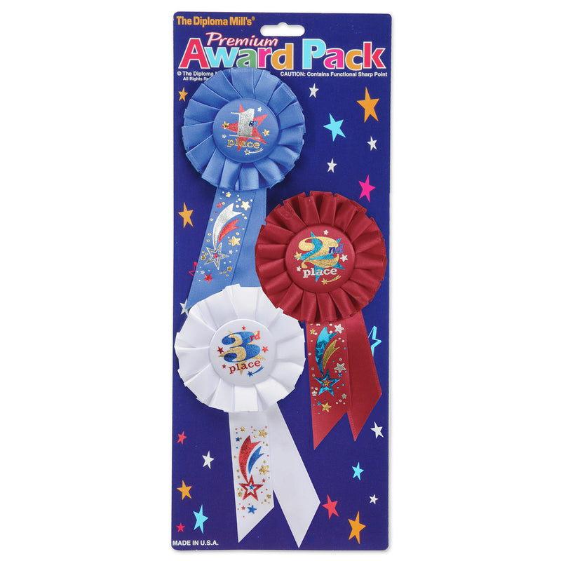 1st, 2nd, 3rd, Place Award Pack Rosettes – 3¼" x 6½" – (3/Pkg) by Beistle for Sports Rosettes