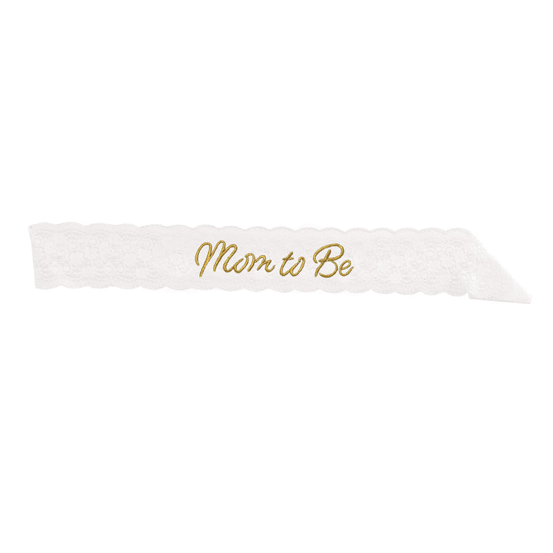 Mom To Be White Lace Sash – 28½" x 4" – (1/Pkg) by Beistle for Baby Shower Sashes