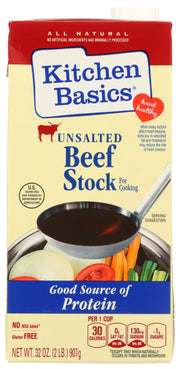Kitchen Basics® Unsalted Beef Stock offers full-bodied flavors of beef, tender veggies and herbs and spices, slow-simmered for hours. This gluten-free beef stock contains no added salt and no artificial flavors. Use this versatile beef stock to create homemade meals, like beef and noodles, chili or beef stew. Amplify the flavor of your sauce, gravy or side dishes with this unsalted beef stock.