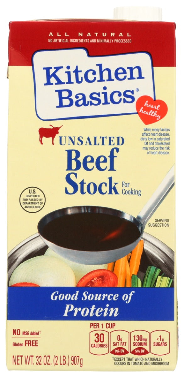 Kitchen Basics® Unsalted Beef Stock offers full-bodied flavors of beef, tender veggies and herbs and spices, slow-simmered for hours. This gluten-free beef stock contains no added salt and no artificial flavors. Use this versatile beef stock to create homemade meals, like beef and noodles, chili or beef stew. Amplify the flavor of your sauce, gravy or side dishes with this unsalted beef stock.
