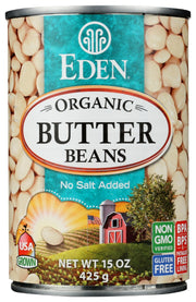 Baby Lima or Butter Beans are a light-colored variety known as Carolina or sieva beans. Regular Lima beans are a much larger variety and more yellow. Baby Limas make an excellent side dish and are great as a creamy base for soup. Use in stew, for dips, spreads, mashed, and in salads. Combined with sweet corn, they make the famous dish succotash. No salt added EDEN beans in BPA, BPS, and phthalate free cans since 1999.
